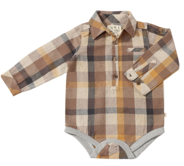 Brown Plaid Button Onesie