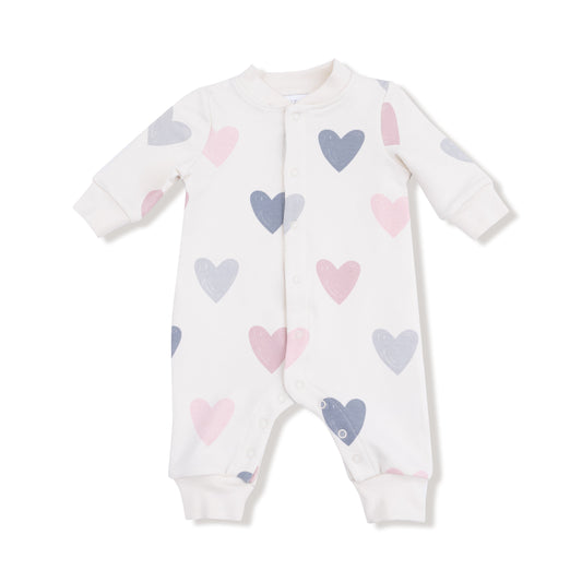 Hearts - Baseball Collar Romper with Front Placket