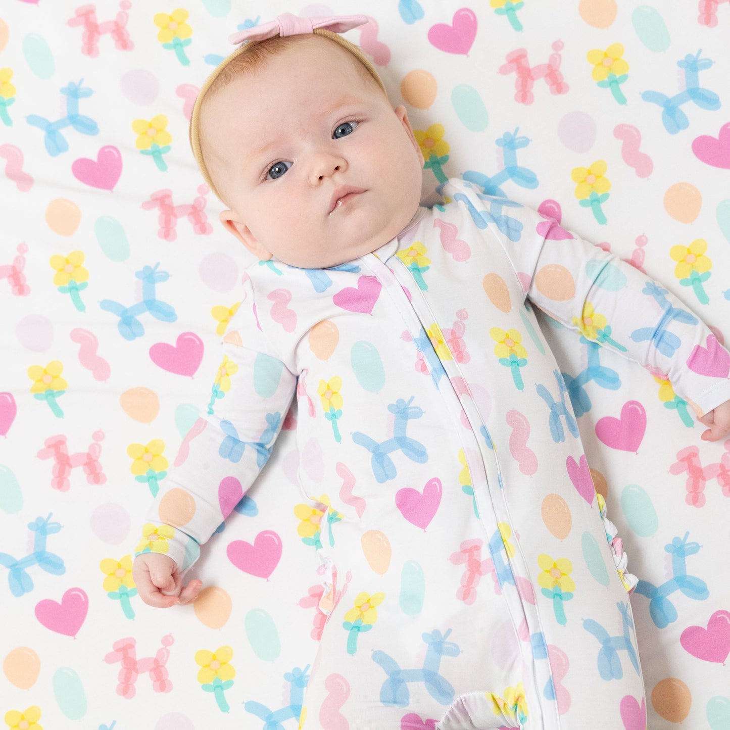 Balloon Animals - Pink - 2 Way Zipper Ruffle Back Footie